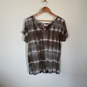 Enti Tie Dye V-Neck T-Shirt Women's MD Brown Grey Casual Stretch Soft